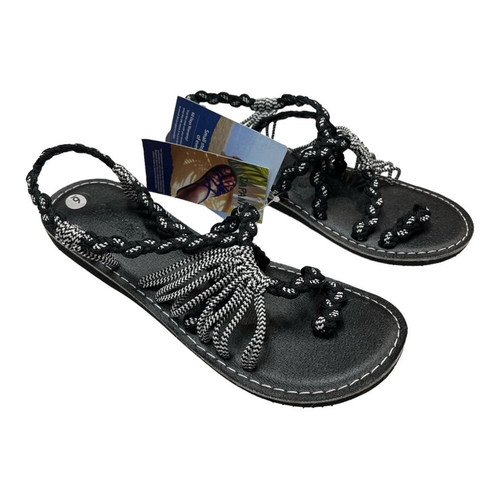Capana Commune Sandals Womens 6 Black‎ White Strappy Durable Rope Comfort Casual